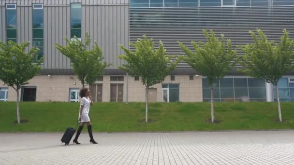 Vista lateral da elegante senhora de negócios afro-americana que vai para o aeroporto com sua bagagem. Conceito de viagem de negócios — Vídeo de Stock