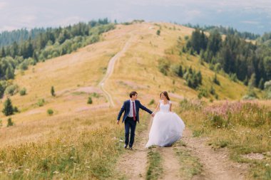 Forest Hills arka plan olarak sarı güneşli araziyi izinde yürüyen Romantik Çift