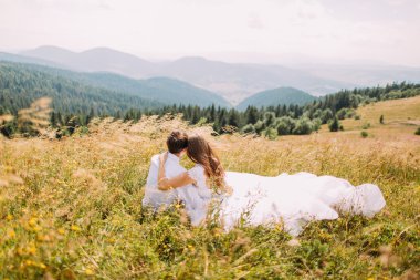 Romantik Çift sarı güneşli alan arka plan olarak inanılmaz forest Hills çimlere oturup