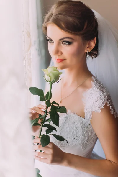 Delicata rosa nelle mani di giovane sposa sorridente vestito abito bianco — Foto Stock