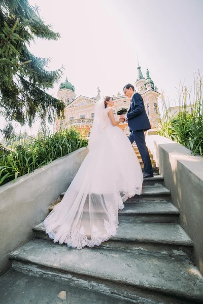 Retrato de elegante jovem casal de casamento elegante em escadas no parque. Palácio antigo romântico no fundo — Fotografia de Stock