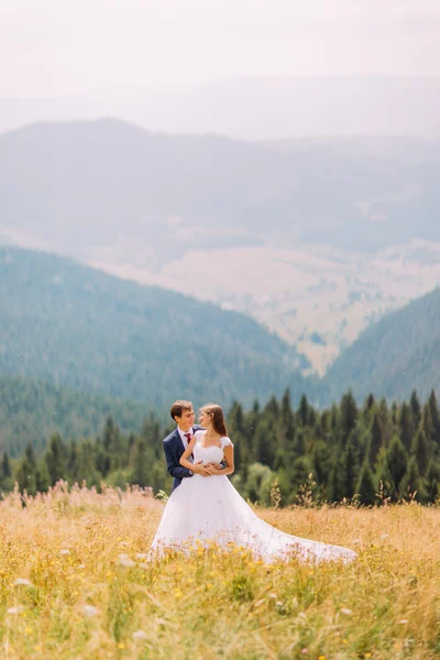 Joven pareja de boda posando en campo soleado con fondo de colinas forestales — Foto de Stock