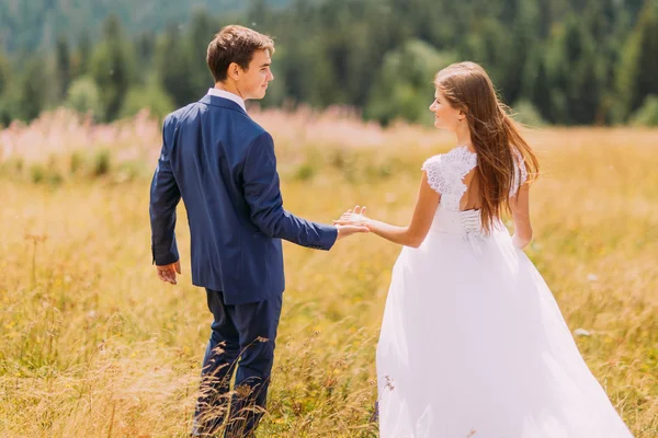 Jonge romantische bruidspaar wandelen op zonneveld met bos achtergrond. Achteraanzicht — Stockfoto