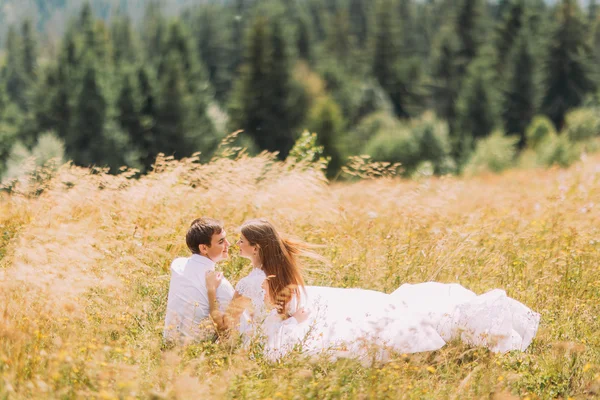 Pareja romántica sentada en la hierba en el campo soleado amarillo con el bosque como fondo — Foto de Stock