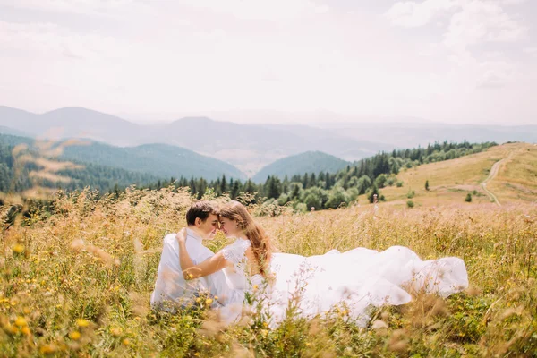 Romantyczna para siedzi w trawie w żółtym polu słoneczny z majestatyczne wzgórza lasu jako tło. Widok z tyłu — Zdjęcie stockowe