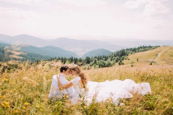 Pareja romántica sentada en la hierba en el campo soleado amarillo con majestuosas colinas forestales como fondo. Vista trasera — Foto de Stock