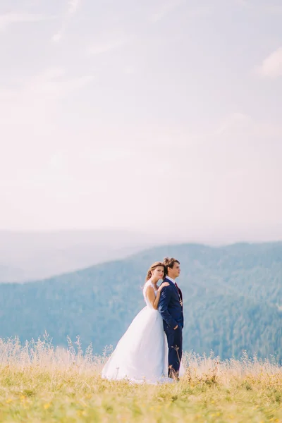 Casal romântico jovem posando no campo de grama ensolarada com colinas distantes da floresta como fundo — Fotografia de Stock