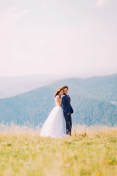 年轻的新婚夫妇在田野与森林作为背景的远山上摆姿势。轻轻地抱着肩上的新郎新娘 — 图库照片