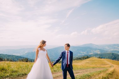Romantik genç gelin ve damat ile orman hills arka plan olarak sarı güneşli araziyi izinde yürüme