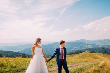 Romantik Çift iz sarı güneşli alan arka plan olarak orman hills ile arasında gezinme