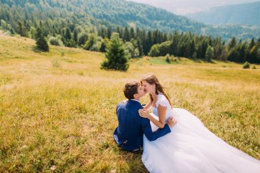 Sadece evli çift arka plan olarak görkemli orman tepeleri ile güneşli alanda sarı çim üzerinde oturan öpücük