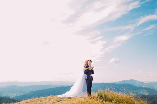 Retrato de hermosos recién casados sosteniéndose unos a otros en la cima de la colina con montañas forestales como fondo — Foto de Stock