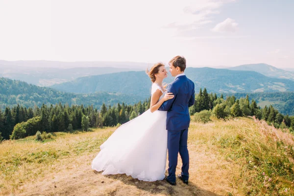 Retrato de belos recém-casados segurando uns aos outros no topo da colina com montanhas de floresta românticas como fundo — Fotografia de Stock