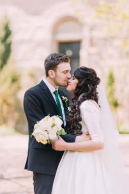Sevgi dolu çift, güzel gelin ve yakışıklı damat, parkta öpüşme. Arka planda eski vintage bina