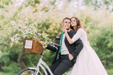 Romantik genç yeni evliler fantezi düğün dekorasyonu ile bisiklet üzerinde parkta poz birbirlerine tutarak