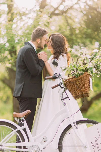 Érzéki fiatal newlywed pár pózol a parkban. Fehér kerékpár az előtérben — Stock Fotó