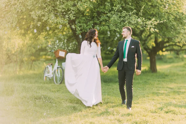 Feliz recién casados caminando sobre la hierba en el parque con su bicicleta cerca del árbol en el fondo — Foto de Stock