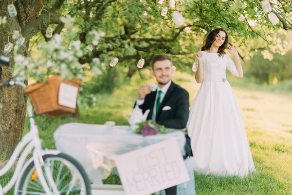 Romantikus Picknick a parkban. Játékos menyasszony zárása neki szép új férjét vissza — Stock Fotó
