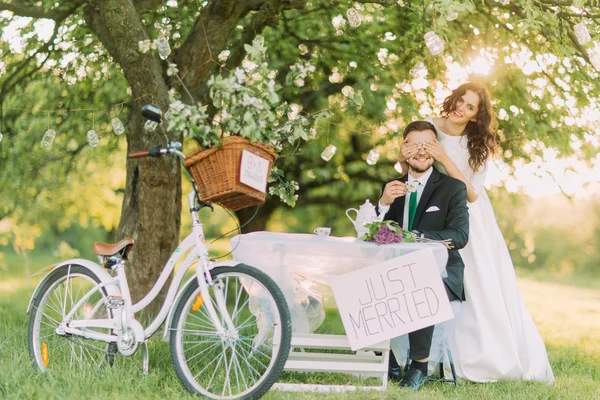 Romantico piccone sotto un albero nel parco. Sposa giocosa chiudendo occhi del suo bel sposo — Foto Stock