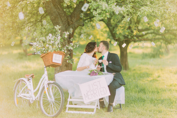 Romantic picknick under tree in park. Happy bride drinking tea with her stylish new husband. Decorated bicycle stands near