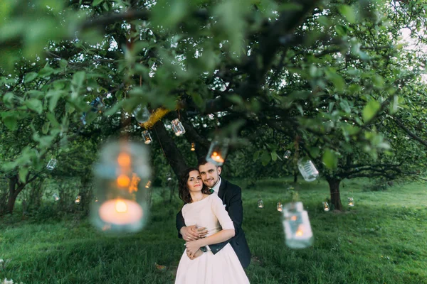 Schöne Braut und Bräutigam im Abendpark halten einander unter Baum mit vielen Laternen geschmückt — Stockfoto