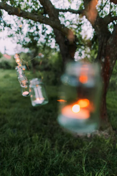 Krans av burkar med brinnande ljus hängande på ett träd på kvälls tid — Stockfoto