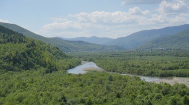 Nefes kesici manzara ile yeşil dağ ormanları ve mavi nehir önünde. Karpat Dağları
