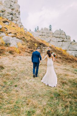 Yakışıklı damat beyaz giyimli gelin pastoral pastoral manzara üzerinde yürüme ile el ele tutuşarak şık mavi elbiseli. Görünüm çiftinden yedekler, artalanları olarak görkemli kayalar