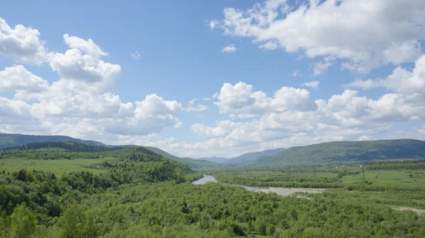 Yeşil dağ ormanları ve mavi nehir önünde ile muhteşem manzara