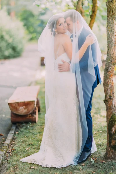 Bride in beautiful white dress and romantic stylish dressed groom holding each other under veil — Stock Photo, Image