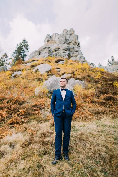 Retrato de belo noivo elegante em terno azul com uma paisagem natural rochosa como fundo — Fotografia de Stock