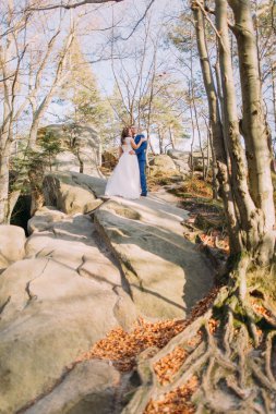 Romantik yeni evli çift ayakta güneş ışığı altında eğri ağaçları ile buzlu