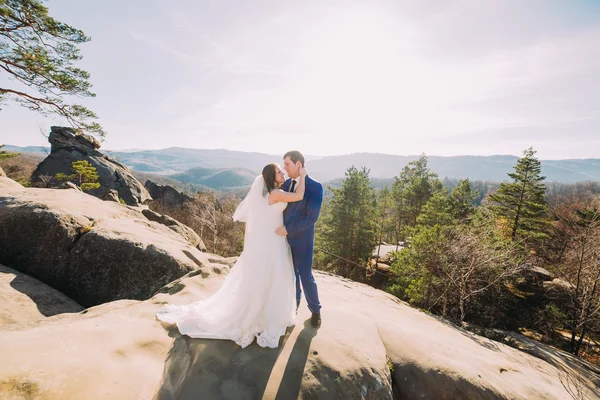 Porträt eines romantischen Brautpaares im Sonnenlicht auf felsigen Klippen mit atemberaubender Berglandschaft — Stockfoto