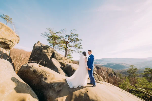 Retrato de casal recém-casado romântico posando em penhasco rochoso com paisagem de montanha como pano de fundo — Fotografia de Stock