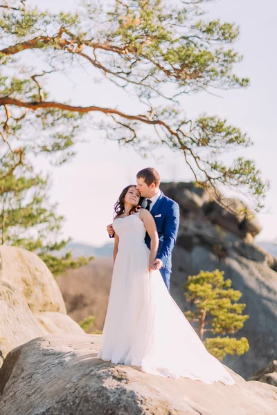 Portre romantik yeni evli çiftin birbirlerini güneş ışığı dağ manzarası ile holding — Stok fotoğraf
