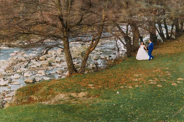 Feliz pareja de recién casados paseando por la orilla rocosa del río guijarro con árboles y arroyo como fondo — Foto de Stock
