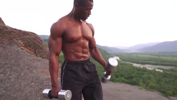 Negro africano americano musculoso hombre levantando mancuernas contra el cielo nublado fondo en las montañas — Vídeos de Stock