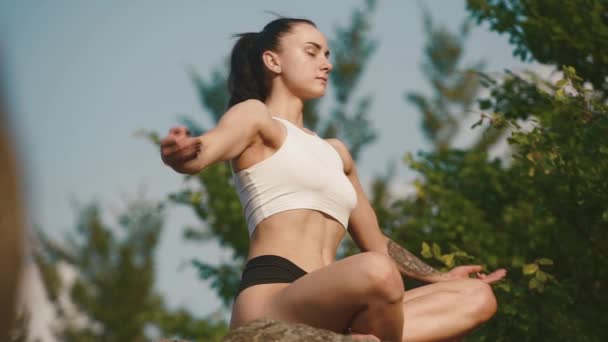 Сексуальна брюнетка в спонтанному одязі практикує йогу на скелястому гірському вершині. Зелений гірський пейзажний фон — стокове відео