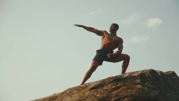 Όμορφος, χαμογελαστός Αφρικανός Αμερικανός οικοδόμος με γυμνό κορμό που ποζάρει στον βράχο και δείχνει τους τέλειους μυς του. Έννοια της άγριας ζωής — Αρχείο Βίντεο