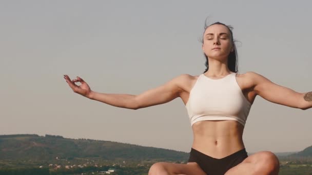 Гарненька брюнетка в спортивному одязі практикує йогу на скелі. Зелений гірський фон — стокове відео