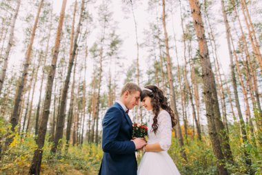 Mutlu yeni evli gelin ve damat sonbahar çam ormanda elele