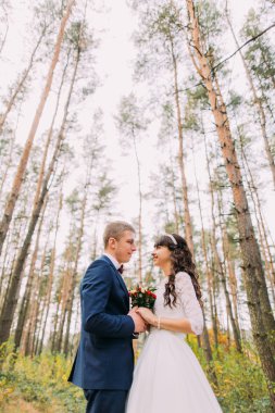 Mutlu yeni evli gelin ve damat sonbahar çam ormanda elele