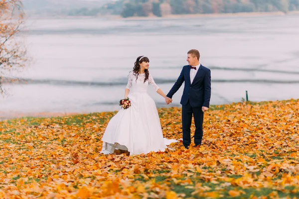 Happy young newlywed bridal couple walking on autumn lakeshore full of orange leaves — Stock Photo, Image