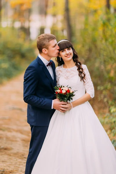 Šťastný novomanželský nevěsta a ženich objímat v podzimní borovém lese — Stock fotografie