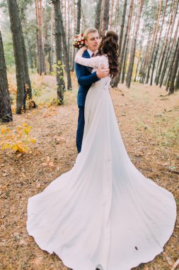 Mutlu şık damat ve sonbahar çam ormanında tutarak büyüleyici yeni eşi