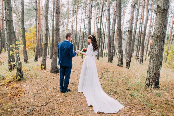 Feliz noivo elegante e sua encantadora nova esposa posando na floresta de pinheiros de outono. Visão traseira — Fotografia de Stock