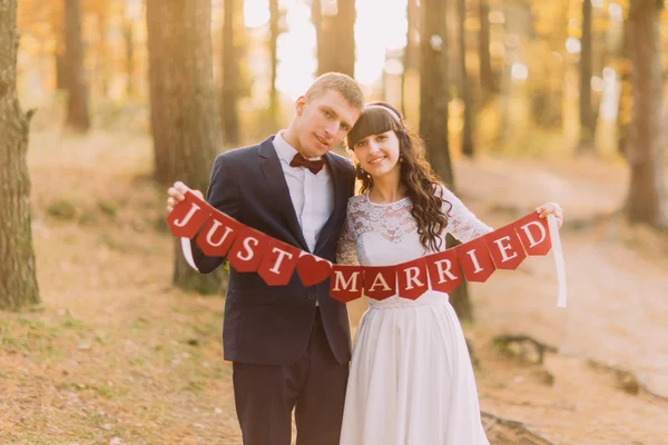 Feliz noivo romântico e sua encantadora nova esposa segurando sinal recém-casado na ensolarada floresta de pinheiros — Fotografia de Stock