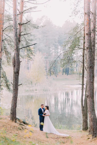 Promenade romantique du couple nouvellement marié sur la rive sablonneuse du lac forestier — Photo