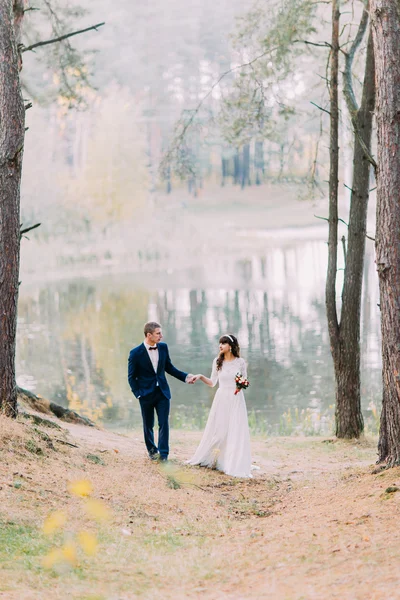 Casal romântico, noivo e sua encantadora nova esposa andando na margem do lago da floresta — Fotografia de Stock