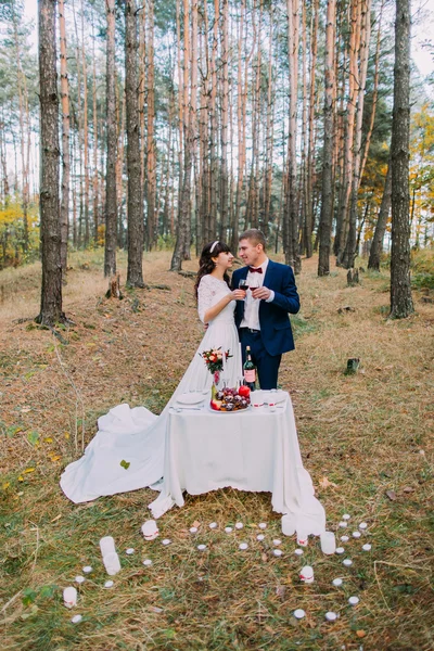 Pinhal de floresta de pinheiros de outono romântico de casal recém-casado feliz — Fotografia de Stock